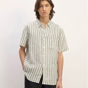 Everlane Men Classic Linen Short-Sleeve Striped Tan Brown Button-Down Shirt M